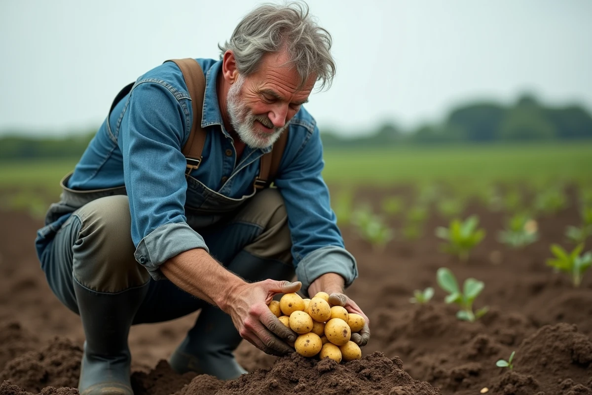 Agriculteur ramassant des pommes de terre mûres dans un champ en fin d'été, sol meuble et feuillage flétri en arrière-plan