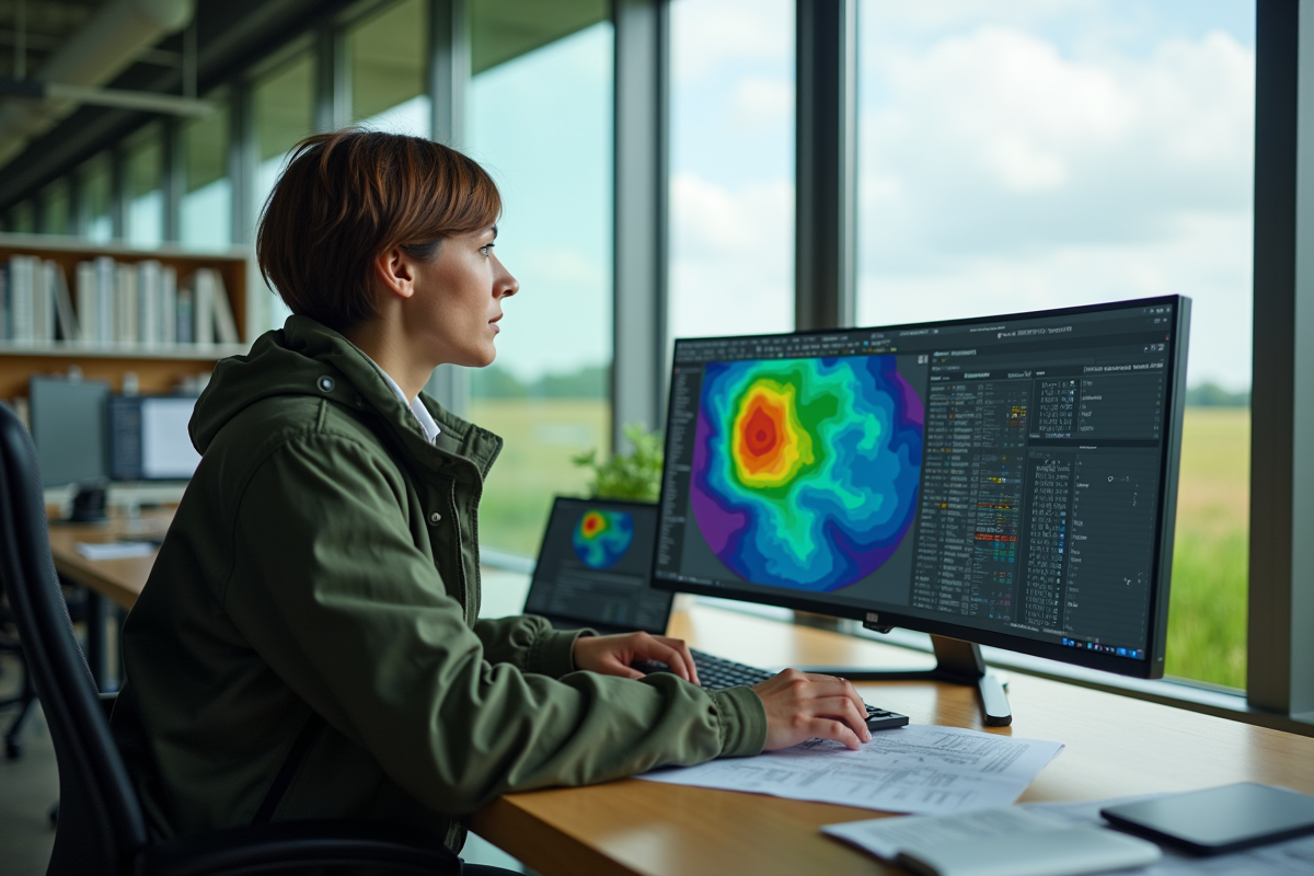 Jeune agronome analyse cartes meteo sur ordinateur