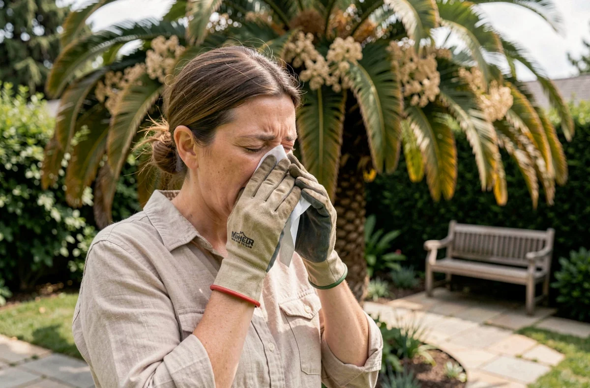 Femme allergique éternuant dans son jardin face à un palmier en fleurs dispersant son pollen au printemps