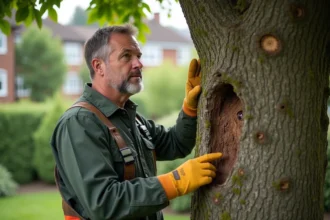 Arboriste examinant l'écorce d'un mûrier en jardin