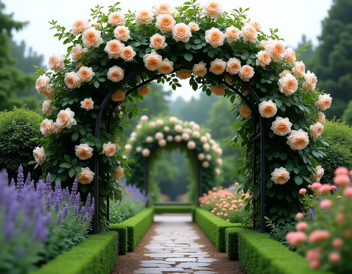 Arche de jardin en fer forgé entièrement couverte de rosiers grimpants en fleurs roses et crème
