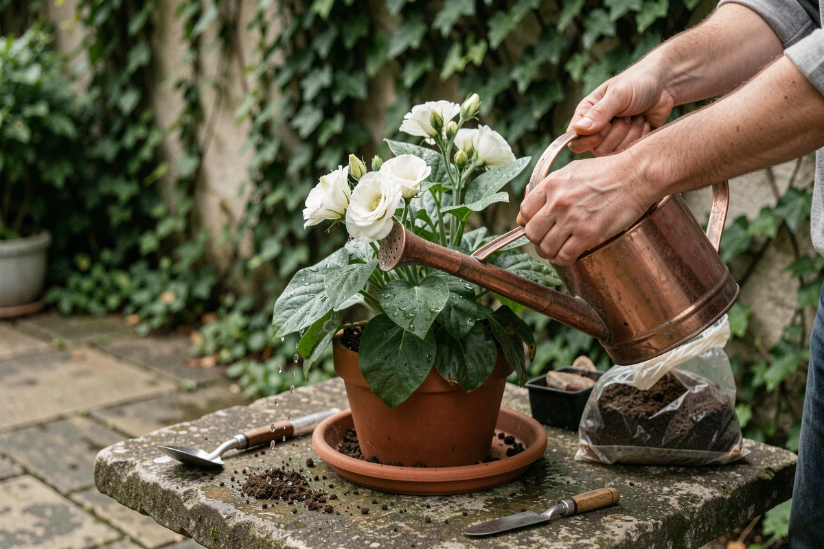 Mains arrosant un lisianthus en pot avec un arrosoir en cuivre sur une table de jardin en pierre