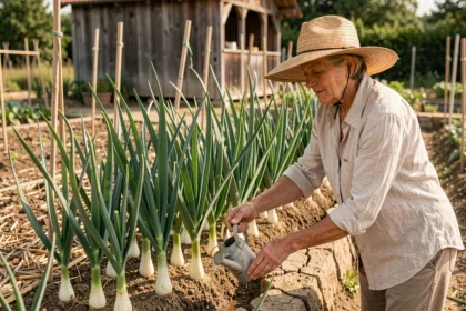 Jardinière arrosant des rangées de poireaux en pleine canicule estivale dans un potager ensoleillé
