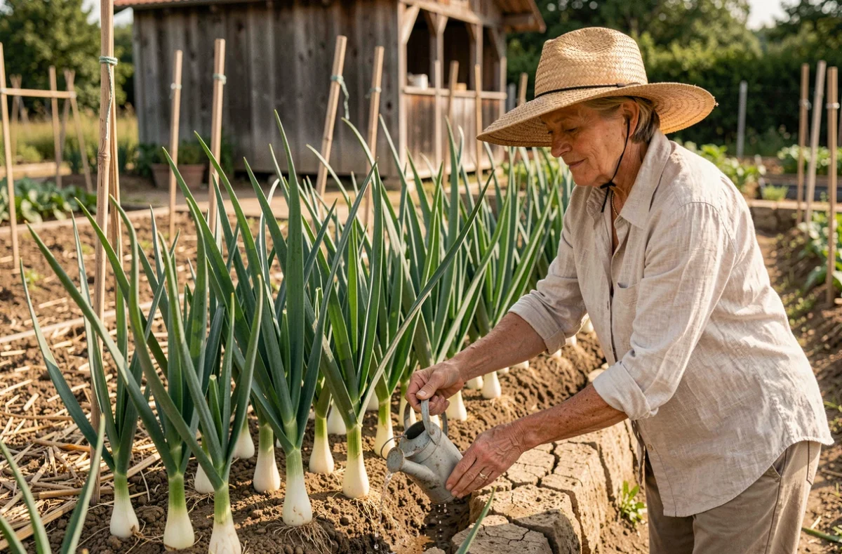 Jardinière arrosant des rangées de poireaux en pleine canicule estivale dans un potager ensoleillé