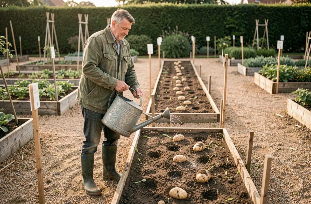Homme arrosant des rangs de pommes de terre fraîchement plantées dans un jardin ouvrier avec un arrosoir métallique