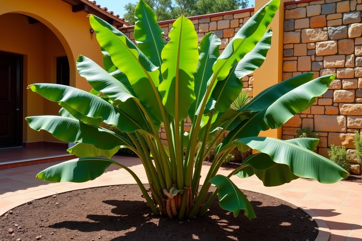Bananier en pleine terre avec de grandes feuilles vertes luxuriantes dans un jardin méditerranéen