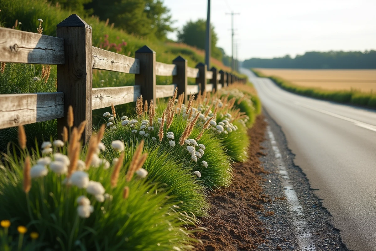 Embranchement routier avec plantes ornementales