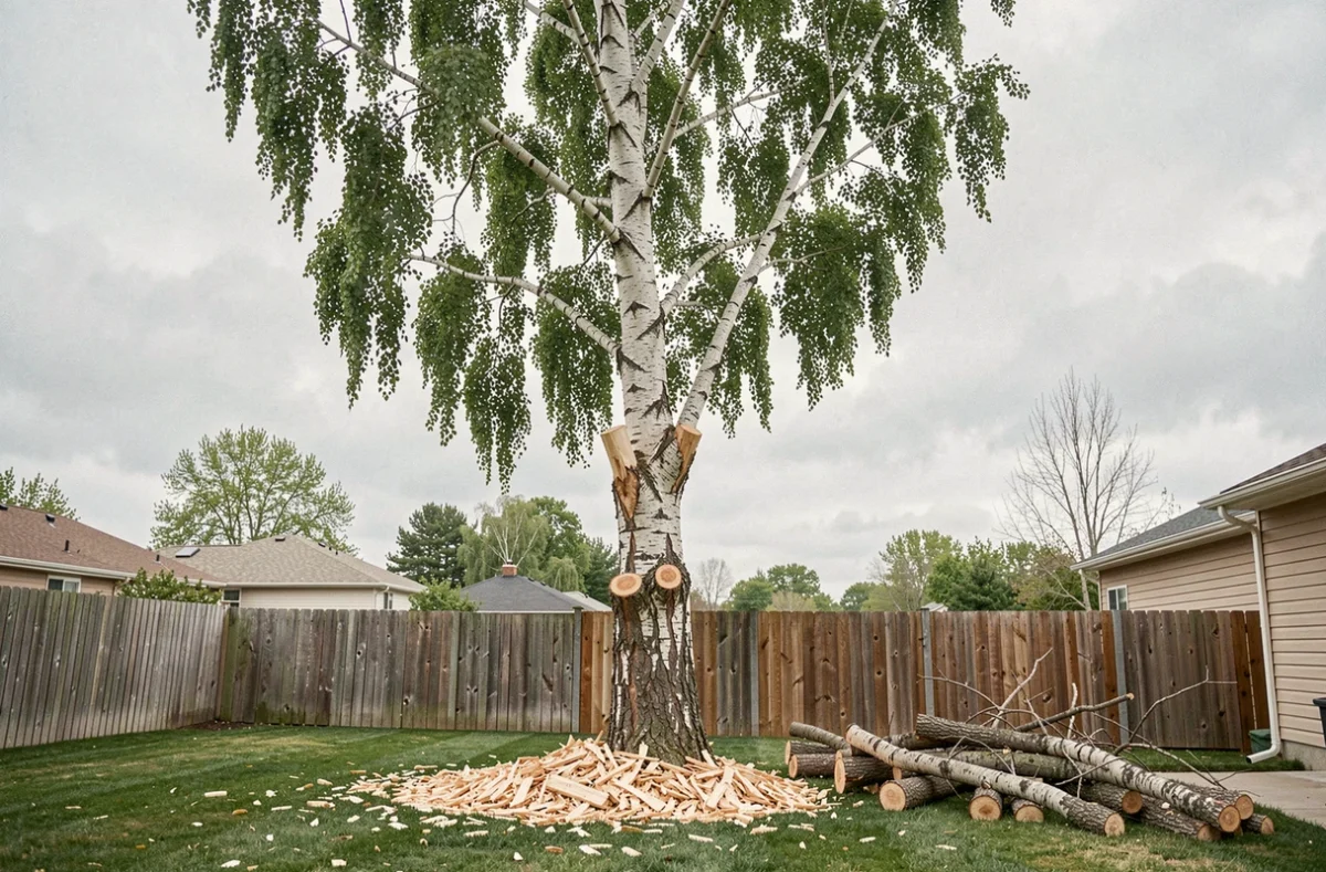 Vue d'ensemble d'un grand bouleau taillé dans un jardin de banlieue avec des branches coupées au sol