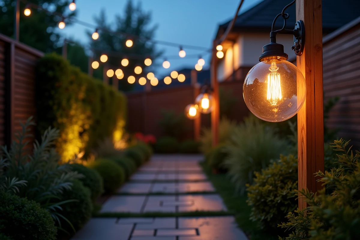 Guirlande de boules lumineuses suspendues entre deux poteaux en bois le long d'une allée de jardin en pierre au crépuscule