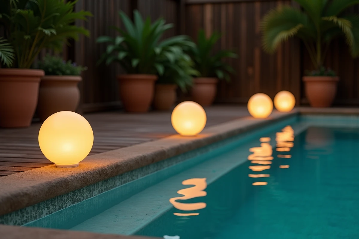 Boules lumineuses posées sur le bord d'une piscine extérieure et flottant à la surface de l'eau en soirée estivale