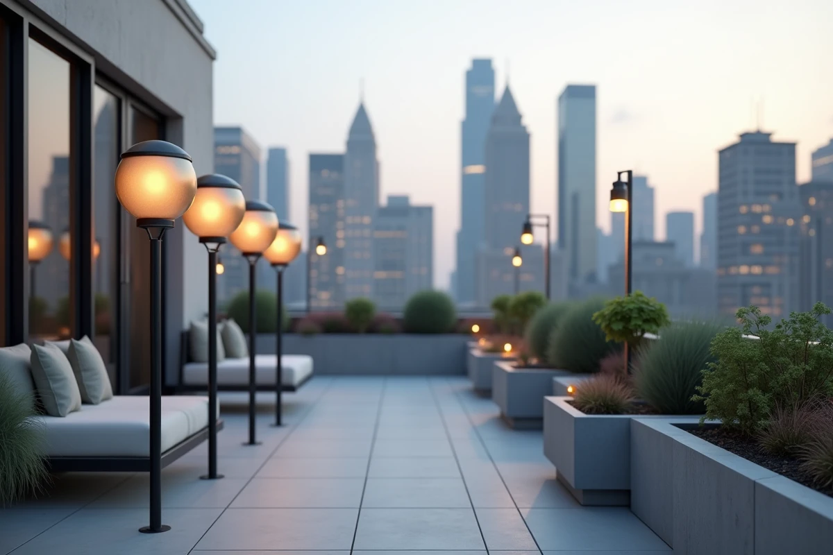 Boules d'éclairage extérieur sur poteaux noirs sur un rooftop urbain avec vue sur la ville en fond