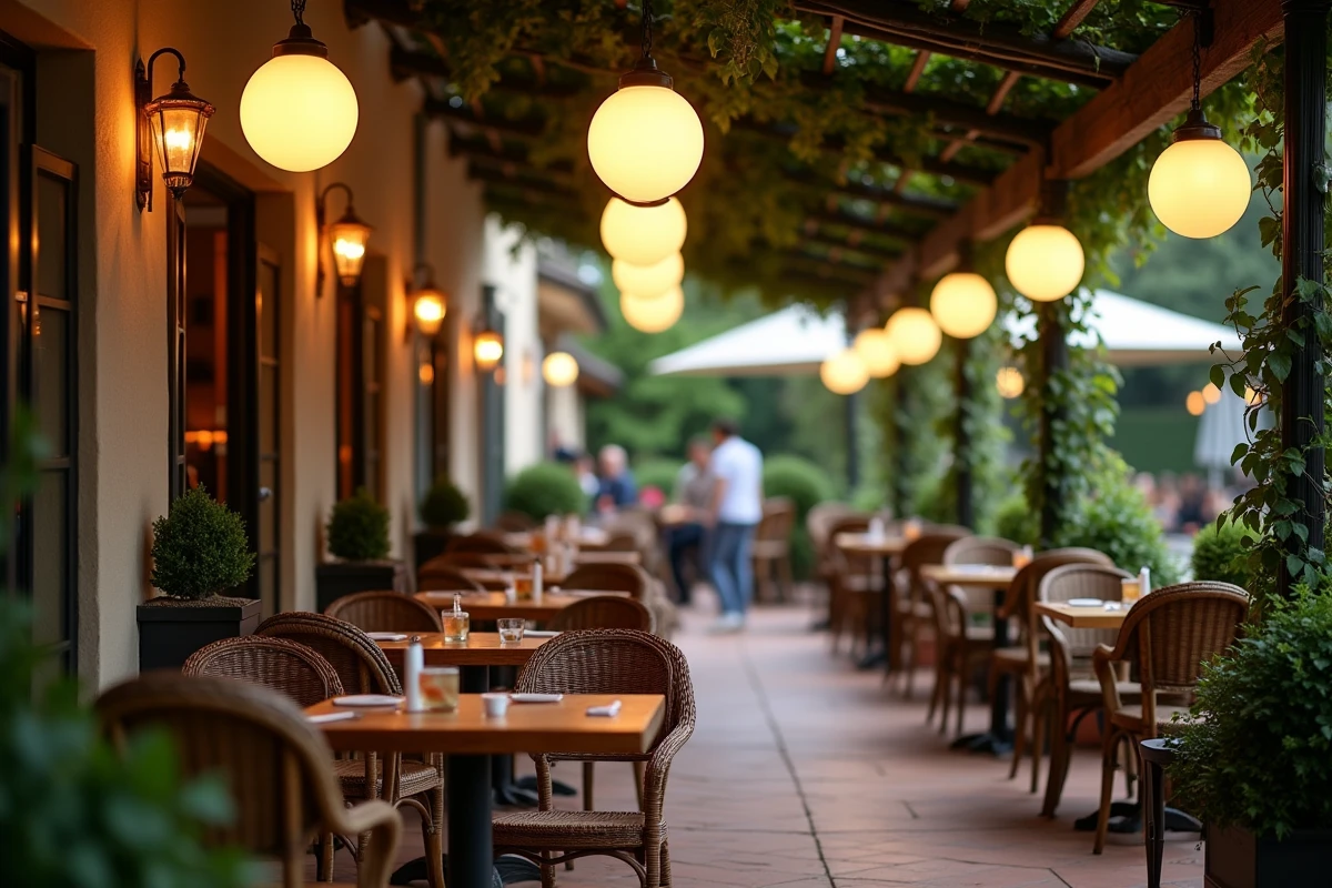 Boules lumineuses suspendues sous une pergola en bois sur une terrasse de restaurant provençal en soirée