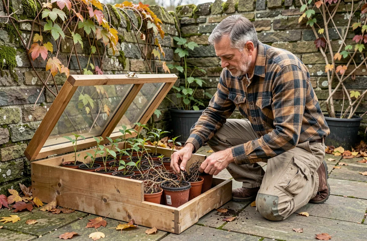 Jardinier repiquer des boutures de chèvrefeuille en automne sous un châssis froid sur une terrasse en pierre