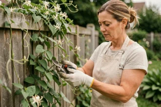 Femme effectuant un bouturage de chèvrefeuille en coupant une tige avec un sécateur dans un jardin