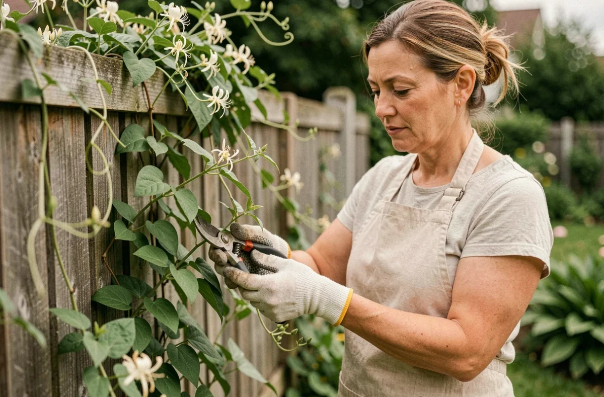 Femme effectuant un bouturage de chèvrefeuille en coupant une tige avec un sécateur dans un jardin