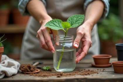 Bouture d'hortensia placée dans un bocal en verre rempli d'eau sur un établi de jardinage en bois