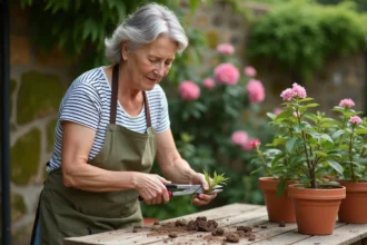 Femme réalisant une bouture de laurier rose sur une table de rempotage en bois dans un jardin méditerranéen