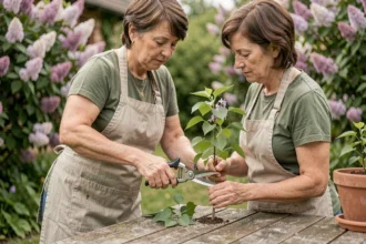 Femme qui coupe une bouture de lilas avec un sécateur dans un jardin fleuri, méthode de bouturage pas à pas