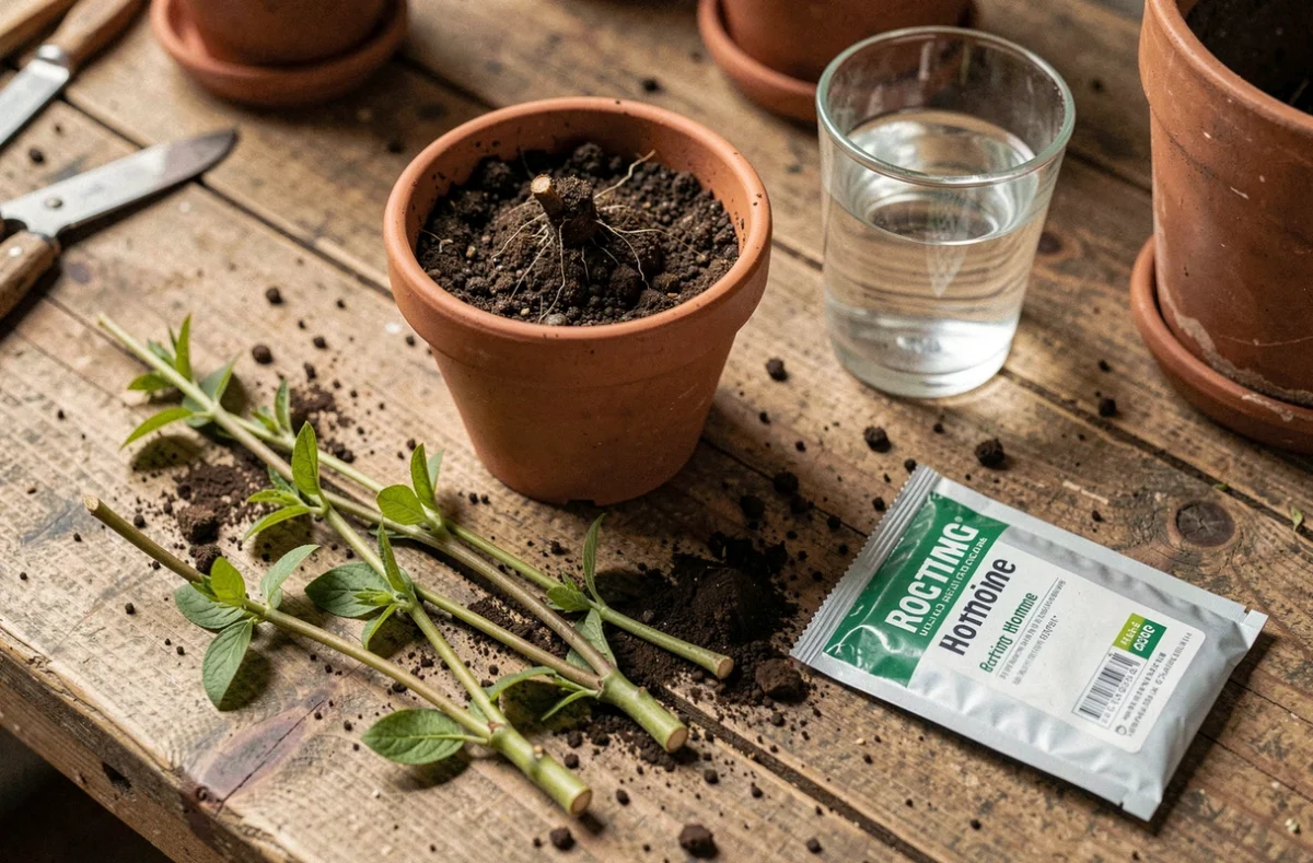 Boutures de chèvrefeuille fraîchement coupées posées sur une table de rempotage avec pot en terre cuite et hormone de bouturage