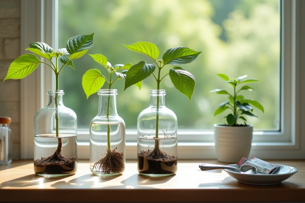 Boutures d'hortensias en cours d'enracinement dans des bouteilles en verre sur un rebord de fenêtre ensoleillé avec engrais liquide