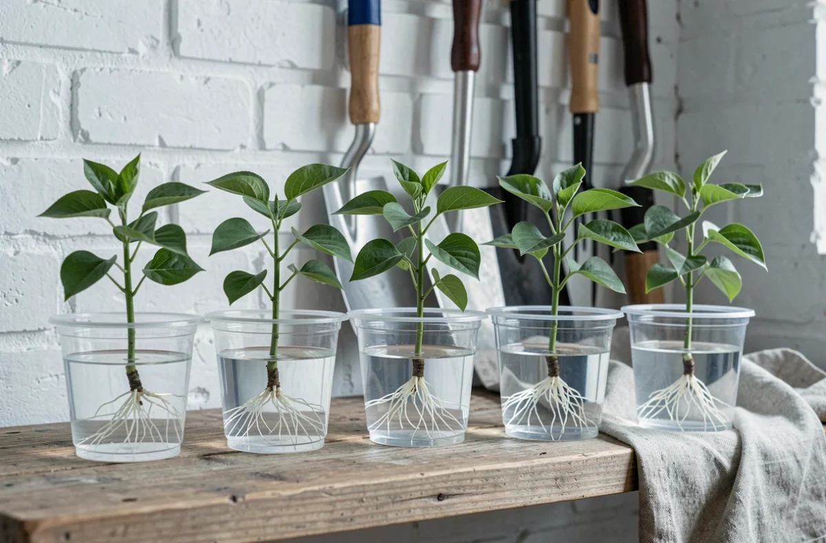 Boutures de lilas en train d'enraciner dans des verres d'eau transparents alignés sur une étagère en bois, méthode eau pour débutants