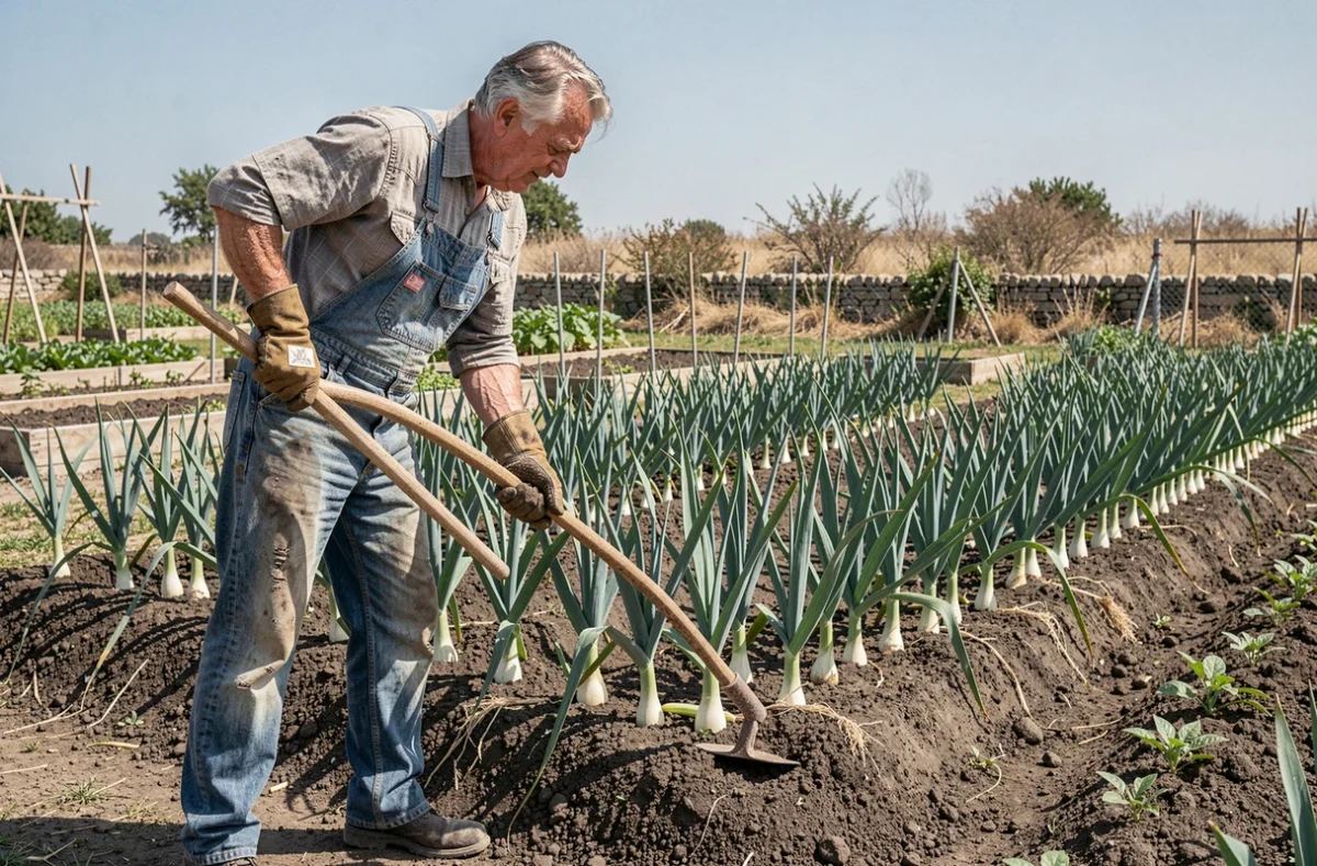Jardinier âgé buttant des poireaux dans un potager par temps de canicule pour conserver des fûts blancs