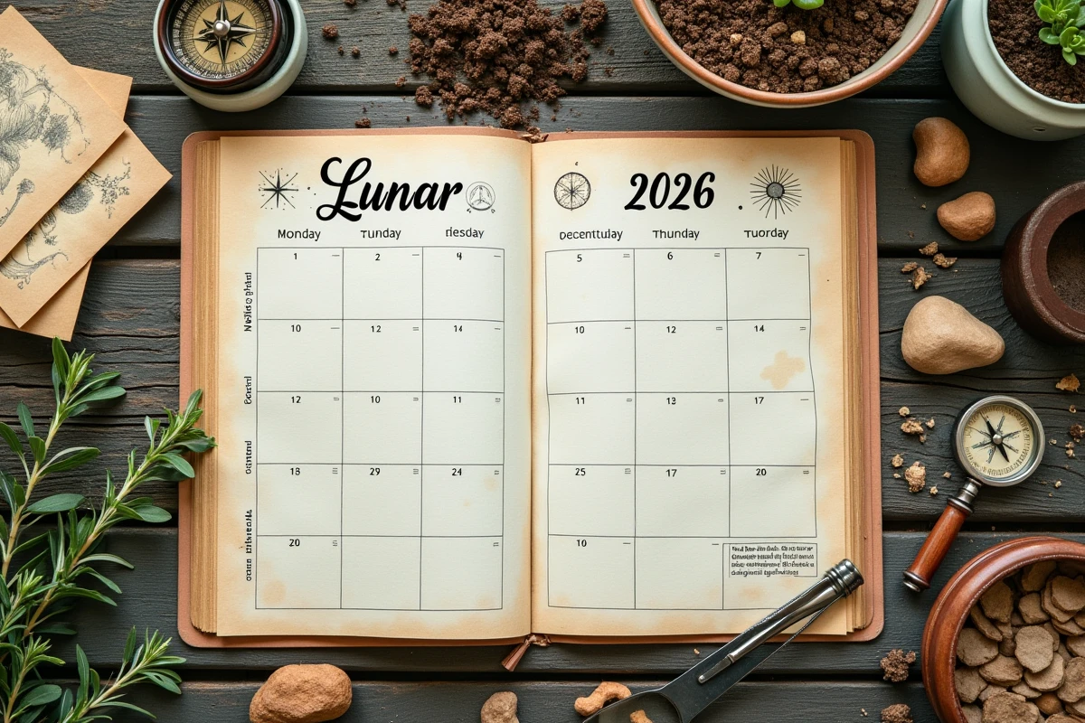 Vue aérienne d'un calendrier lunaire de jardinage 2026 entouré de graines, herbes aromatiques et outils de jardin bio
