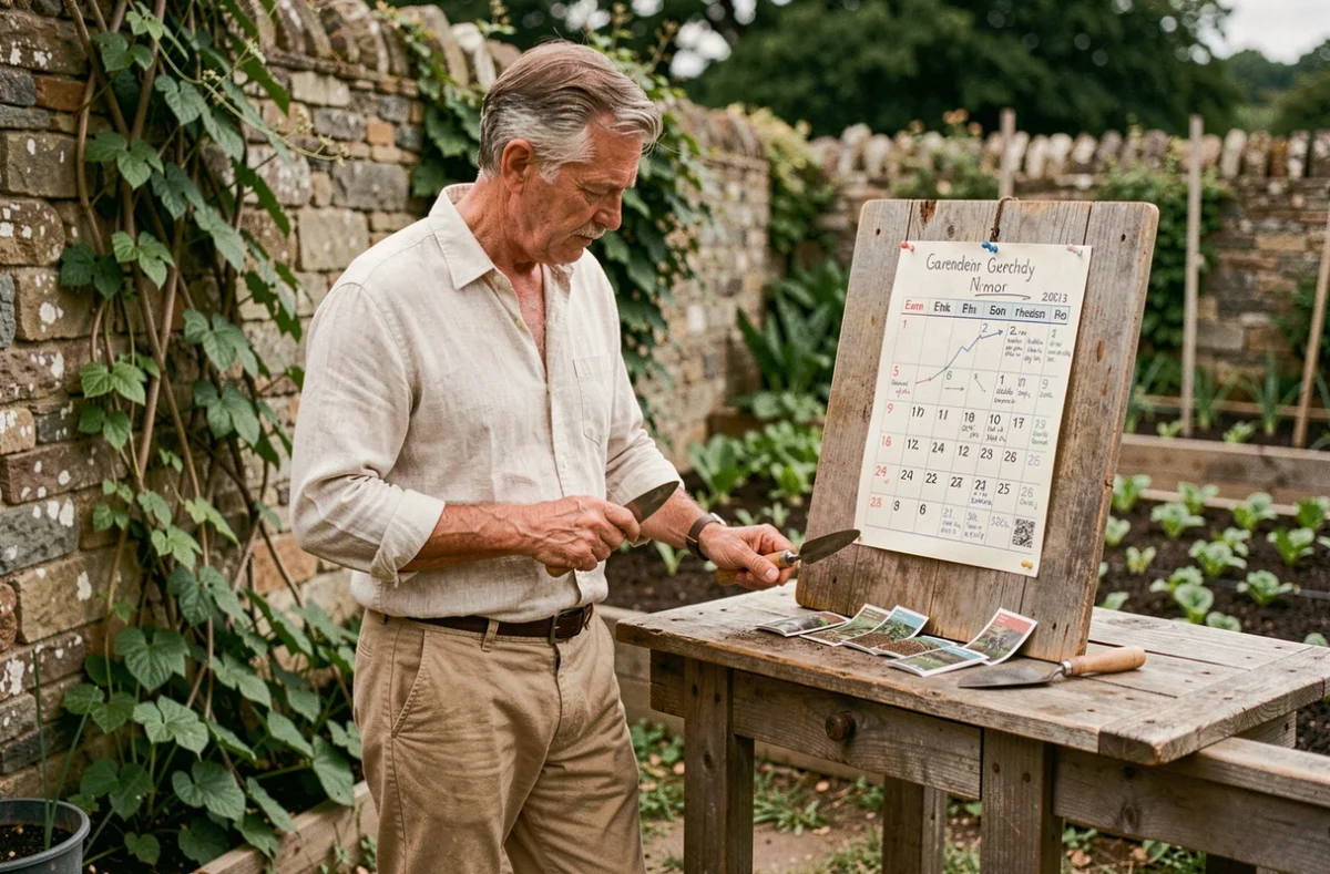Jardinier consultant un calendrier lunaire pour planifier les semis de haricots verts en 2026