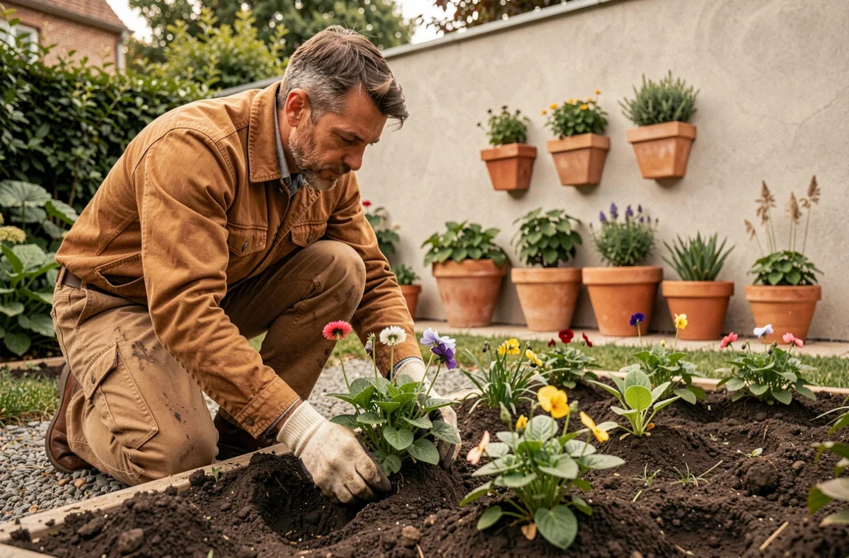 Jardinier de Cera Jardin plantant des fleurs de saison dans un parterre soigné d'un jardin privé