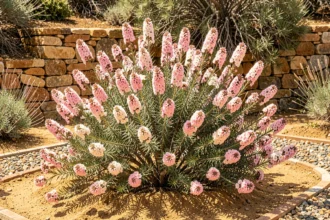 Arbuste Chamelaucium uncinatum en pleine floraison dans un jardin méditerranéen ensoleillé avec sol drainant et muret en pierre