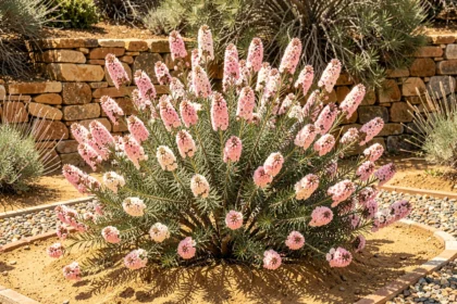 Arbuste Chamelaucium uncinatum en pleine floraison dans un jardin méditerranéen ensoleillé avec sol drainant et muret en pierre