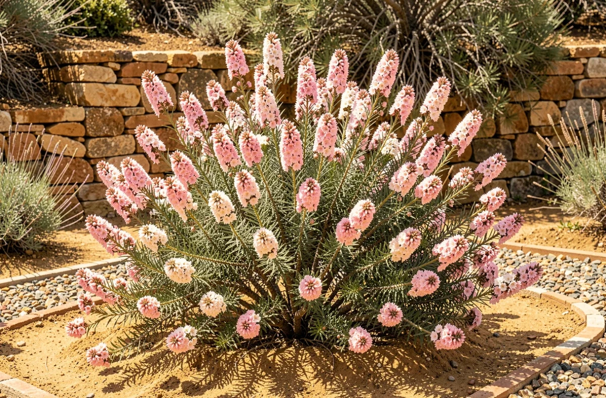 Arbuste Chamelaucium uncinatum en pleine floraison dans un jardin méditerranéen ensoleillé avec sol drainant et muret en pierre