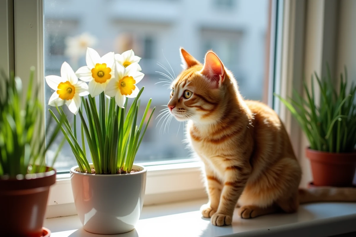 Chat roux méfiant près d'un pot de narcisses sur un rebord de fenêtre intérieur, illustrant la dangerosité pour les animaux