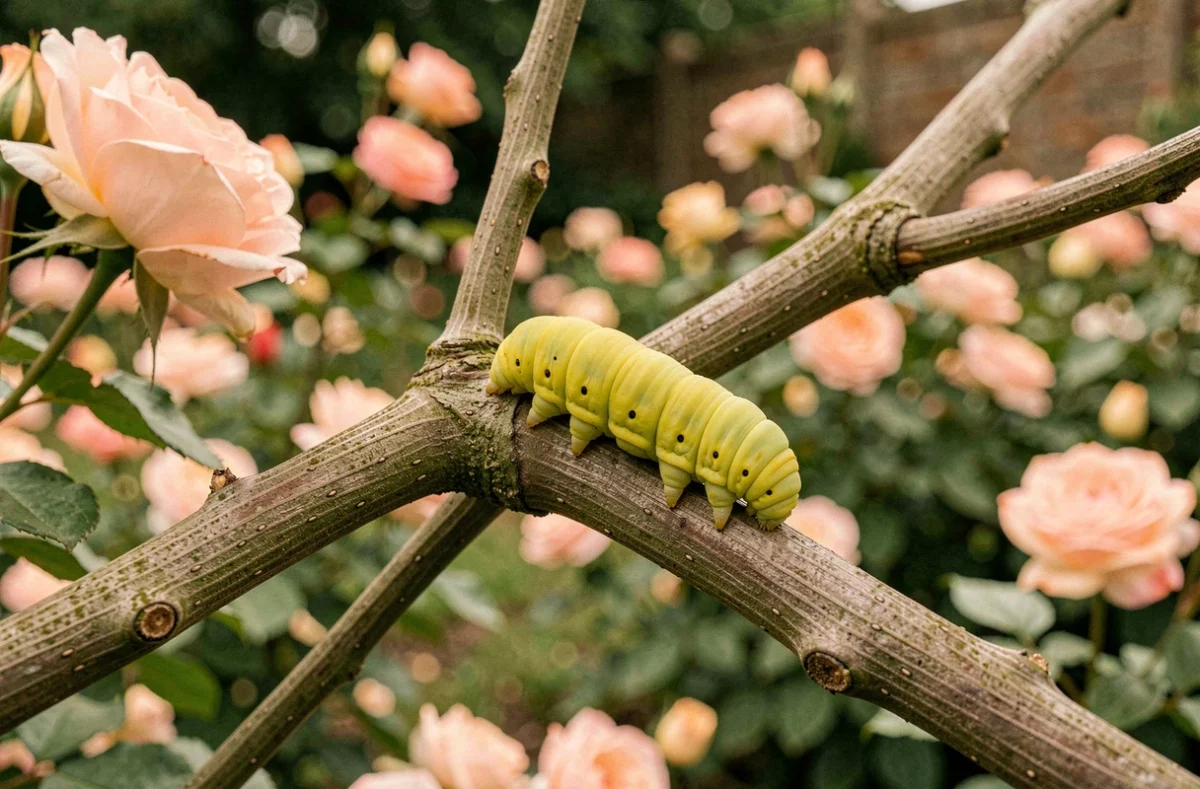 Chenille jaune verte sur une branche de rosier dans un jardin, vue en plan trois quarts avec bokeh naturel