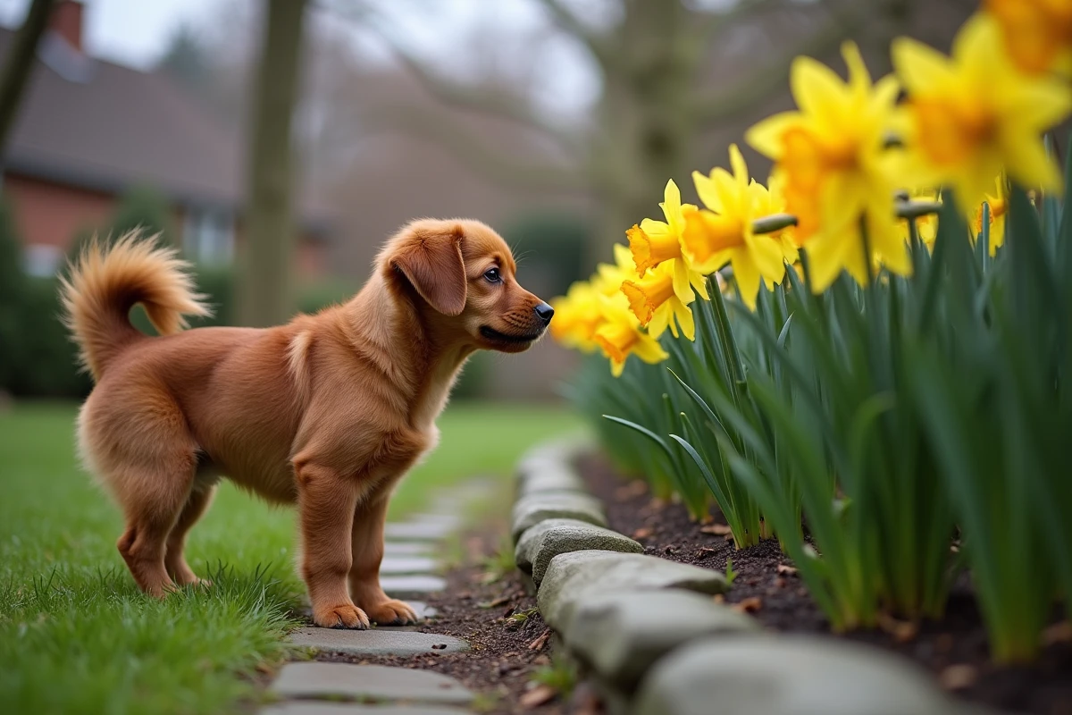 Petit chien curieux devant des jonquilles dans un jardin printanier, symbolisant le risque de toxicité florale pour les animaux domestiques