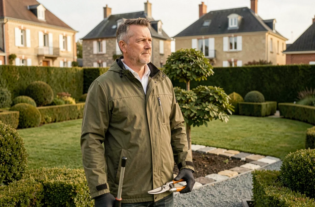 Christophe jardinier paysagiste admirant un jardin fraîchement aménagé avec haies sculptées et pelouse bordée de pierres
