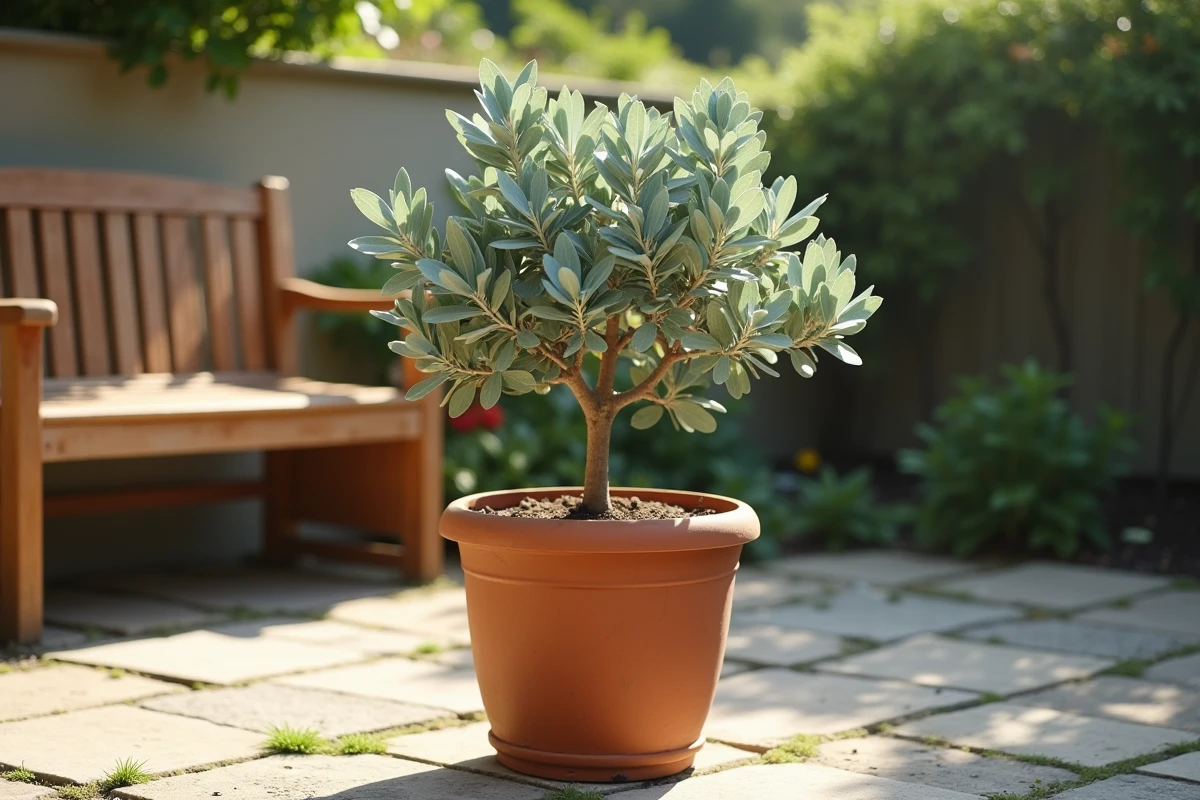 Jeune Cider Gum en pot en terre cuite sur une terrasse en pierre, idéal pour la culture en conteneur
