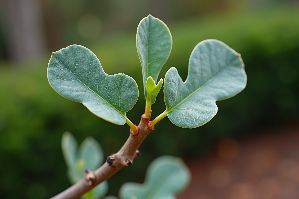 Détail des feuilles rondes juvéniles et des feuilles adultes de l'eucalyptus Cider Gum avec son écorce caractéristique