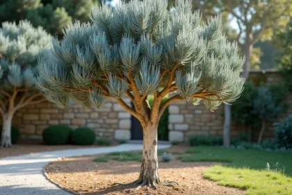 Eucalyptus Cider Gum planté en pleine terre dans un jardin, avec son écorce caractéristique et ses feuilles rondes bleutées