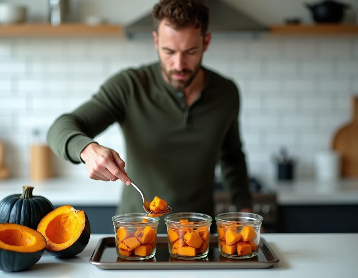 Homme préparant des portions de citrouille bleue rôtie dans des boîtes en verre pour une cuisine zéro gaspillage