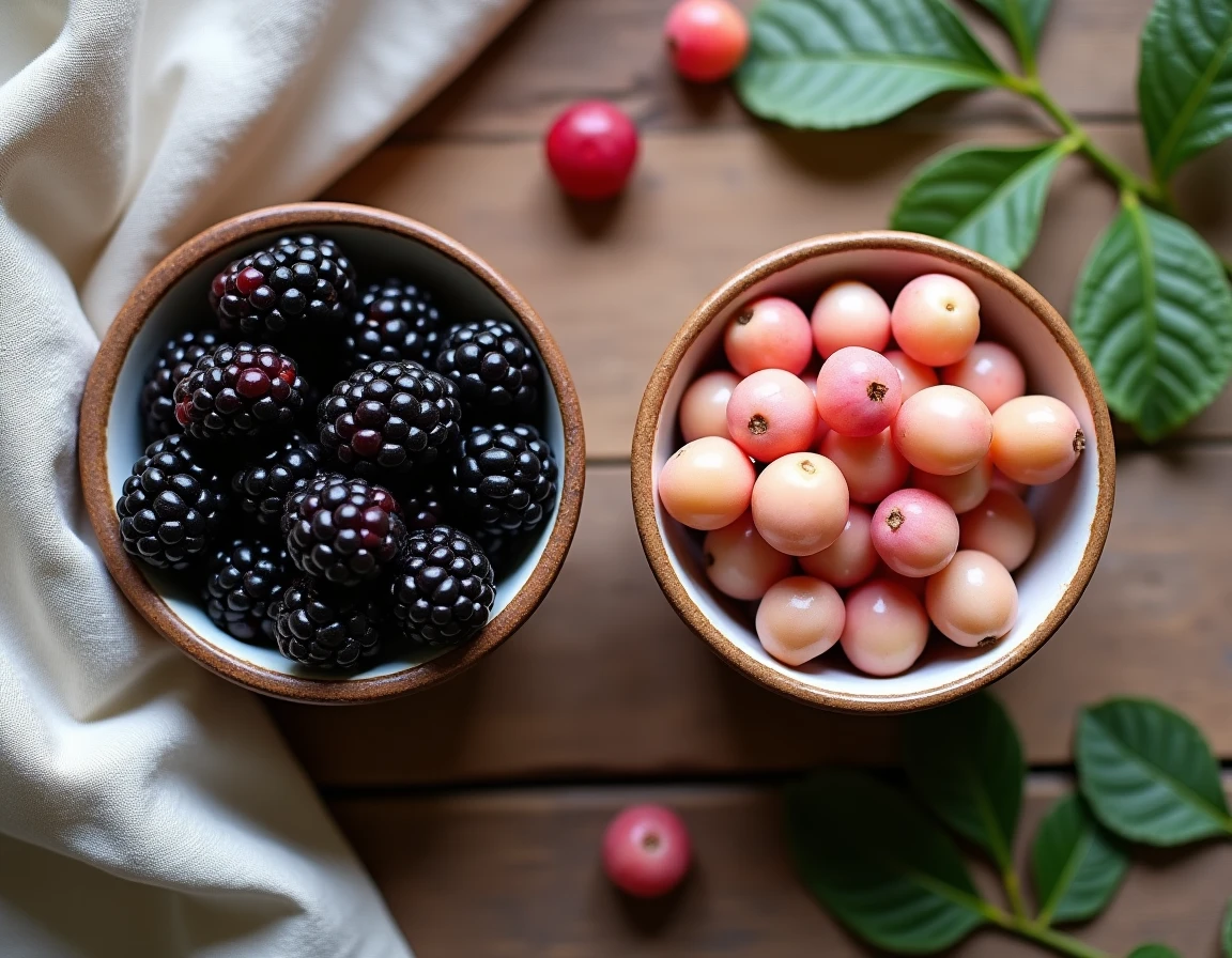 Comparaison côte à côte entre mûres sauvages violettes et fruits blancs du mûrier platane dans des bols en céramique sur une table en bois rustique