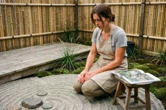 Femme consultant un guide de jardinage zen dans un jardin japonais avec gravier ratissé et pierres décoratives