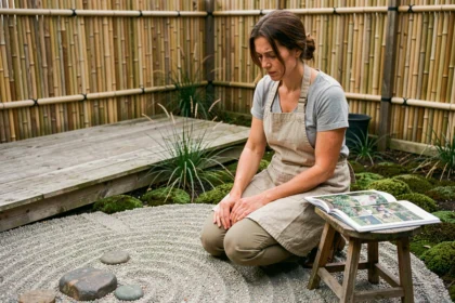 Femme consultant un guide de jardinage zen dans un jardin japonais avec gravier ratissé et pierres décoratives