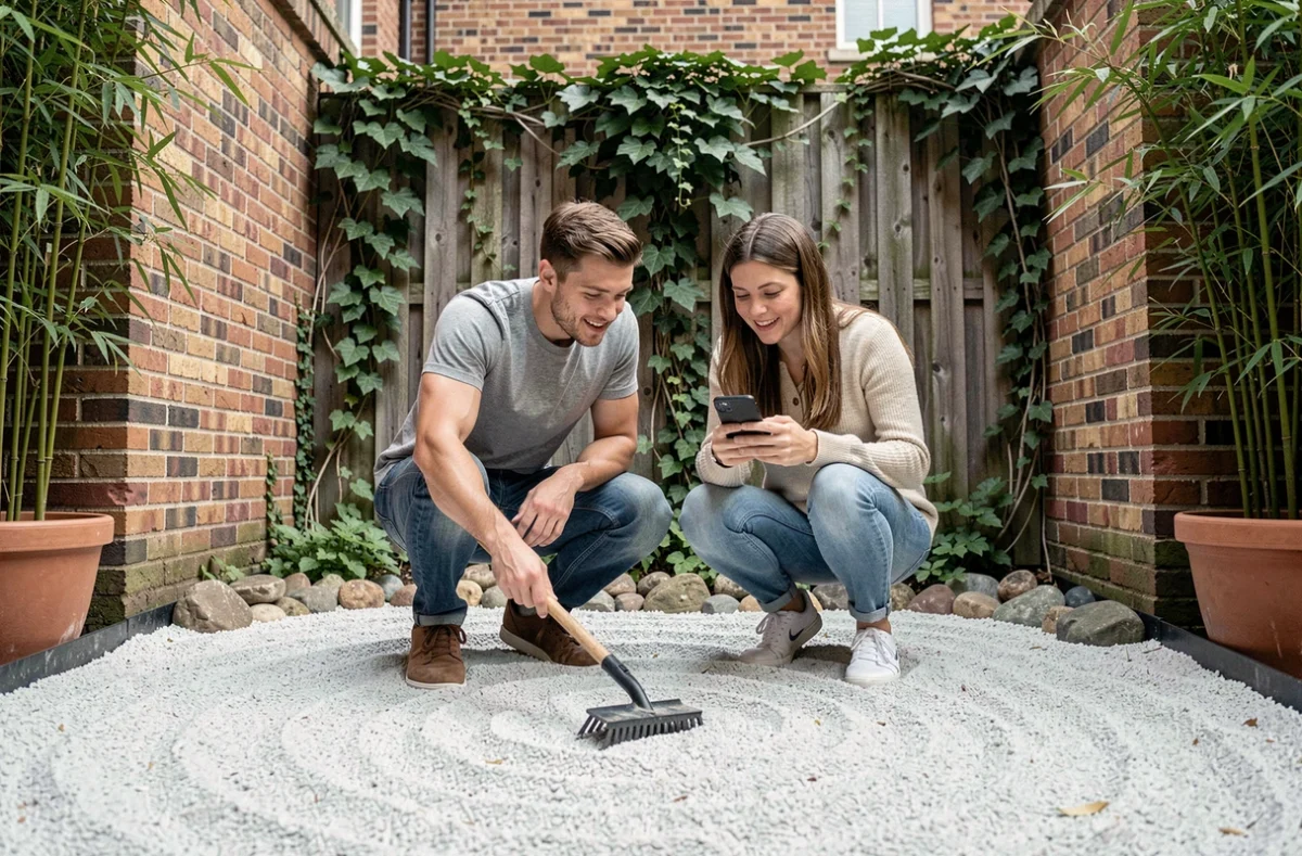Couple arrangeant un jardin zen urbain avec gravier ratissé en consultant un guide sur smartphone