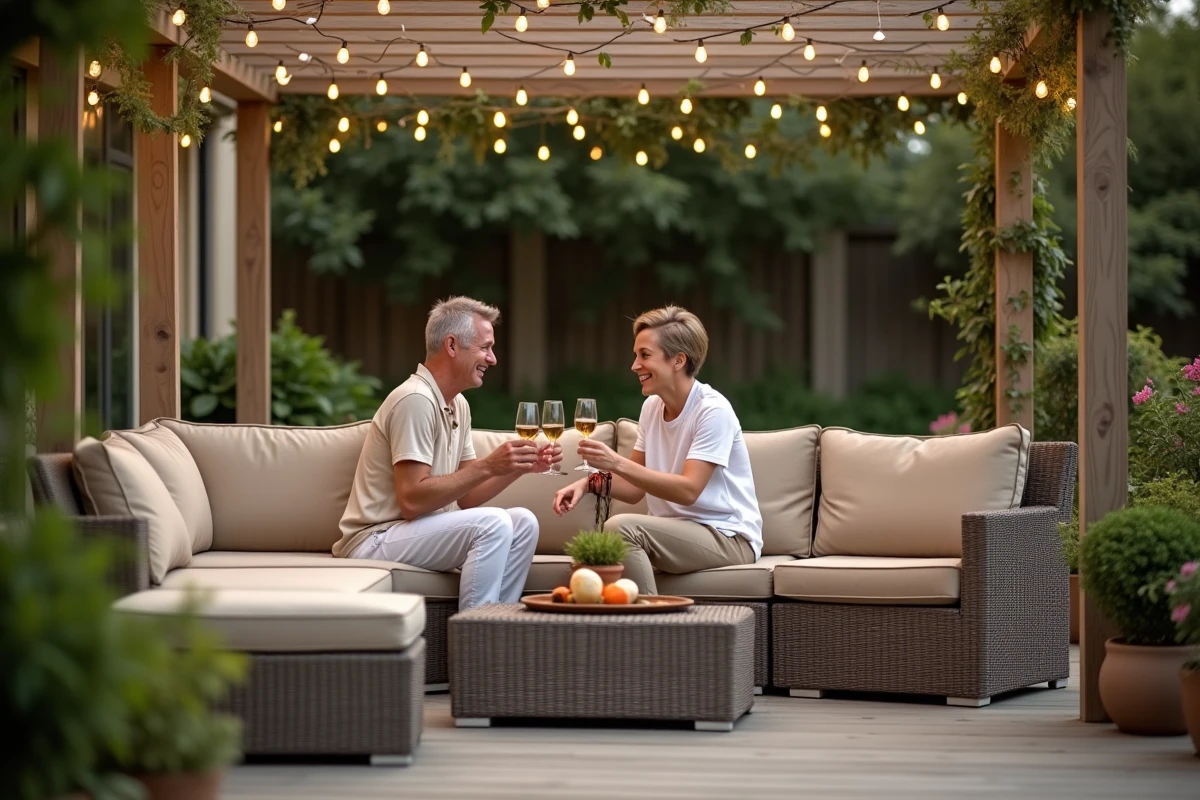 Couple détendu sur un salon de jardin modulable en résine tressée sur une terrasse en bois avec pergola