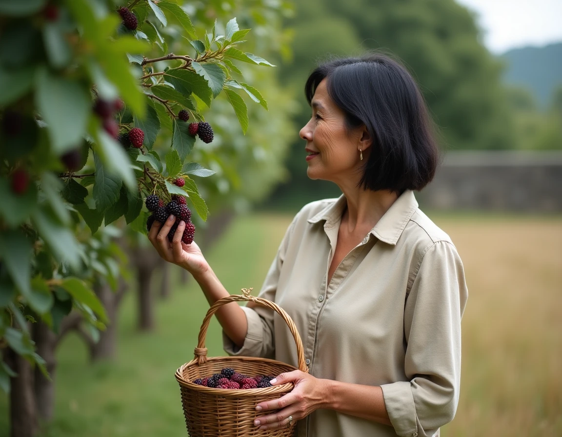 Femme cueillant des fruits de mûrier platane dans un verger rural avec un panier en osier, scène de récolte estivale authentique