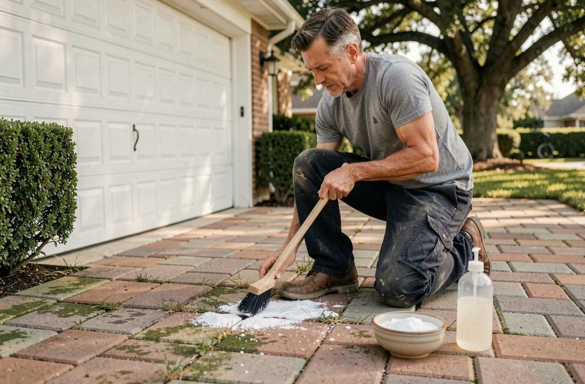 Homme appliquant une pâte de bicarbonate naturelle sur les joints de pavés autobloquants d'une entrée de garage