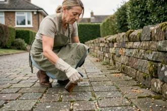Femme appliquant un désherbant naturel dans les joints d'un pavé autobloquant en cour de maison