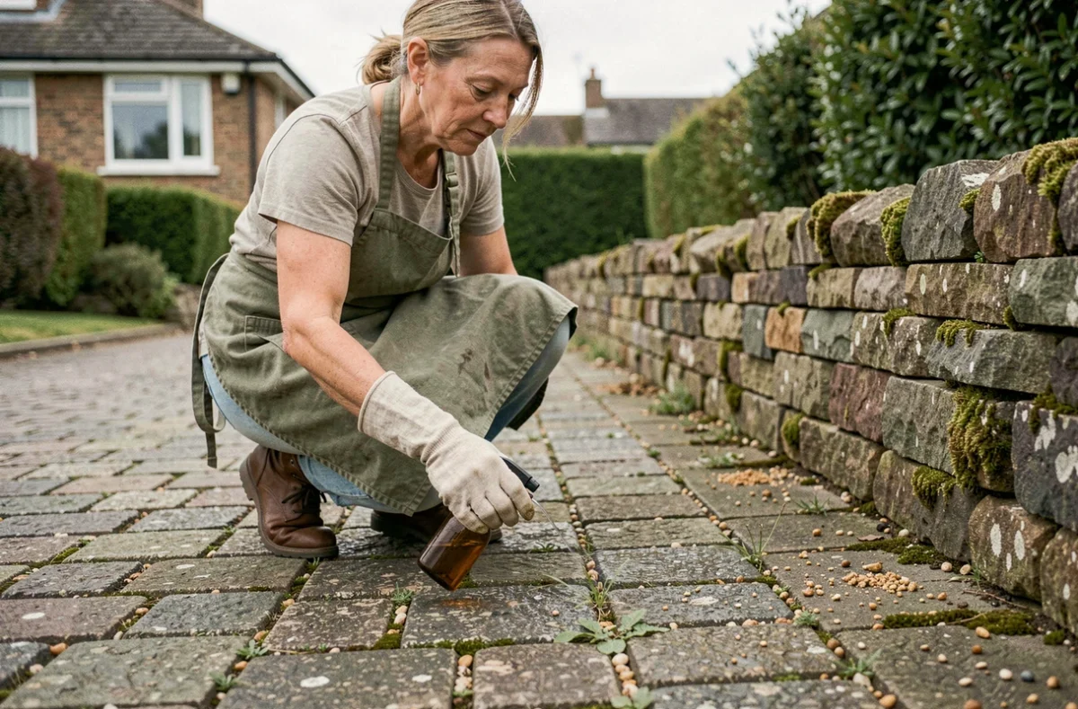 Femme appliquant un désherbant naturel dans les joints d'un pavé autobloquant en cour de maison