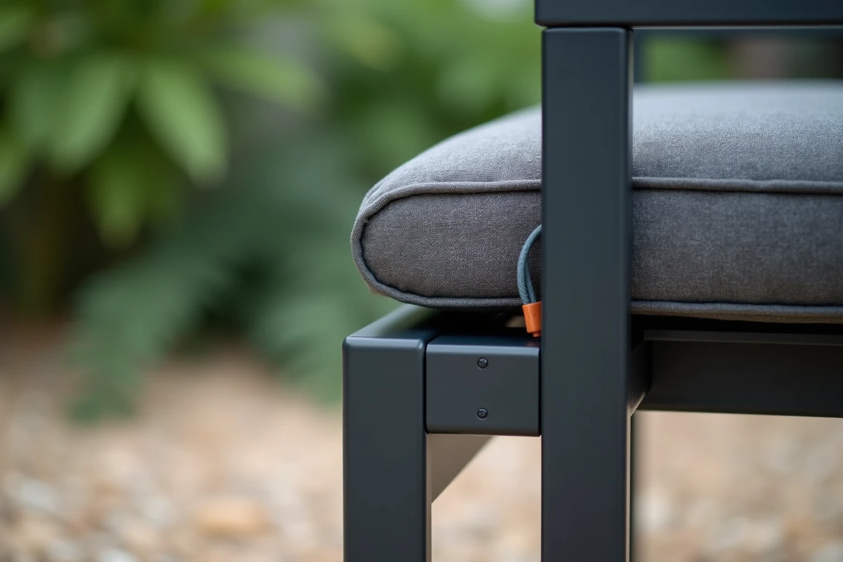 Détail de l'assemblage modulable d'un fauteuil de jardin en aluminium anthracite avec coussin amovible gris